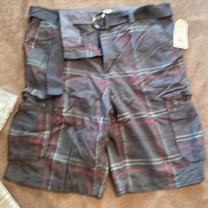 Nwt mens cargo shorts. Red and black plaid. Size 36. Includes belt